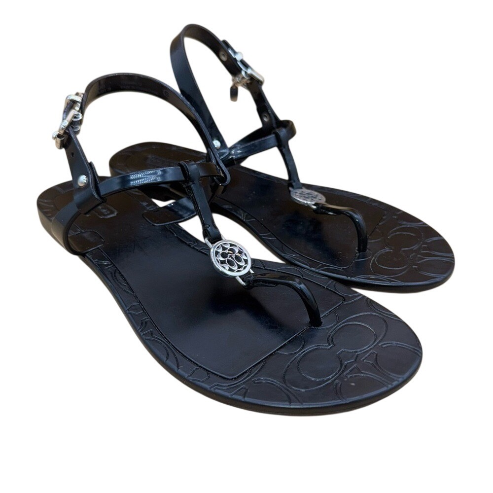 Coach Pansy Black Jelly Sandals with Silvertone Signature Accents Women's 7 EUC